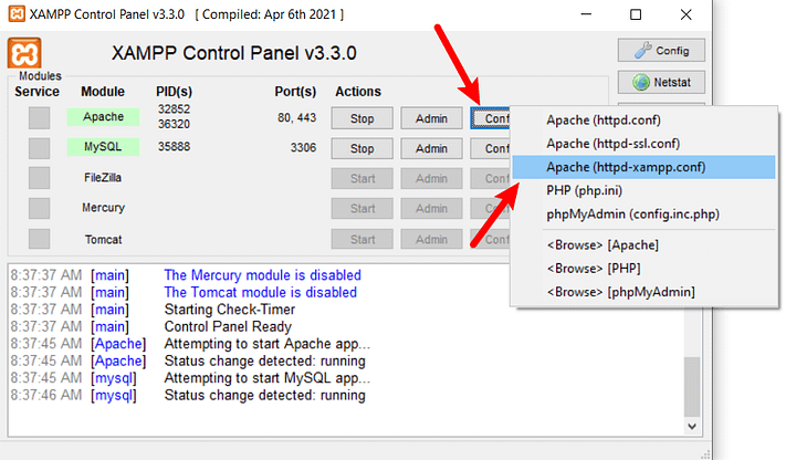 Open httpd.conf file in XAMPP