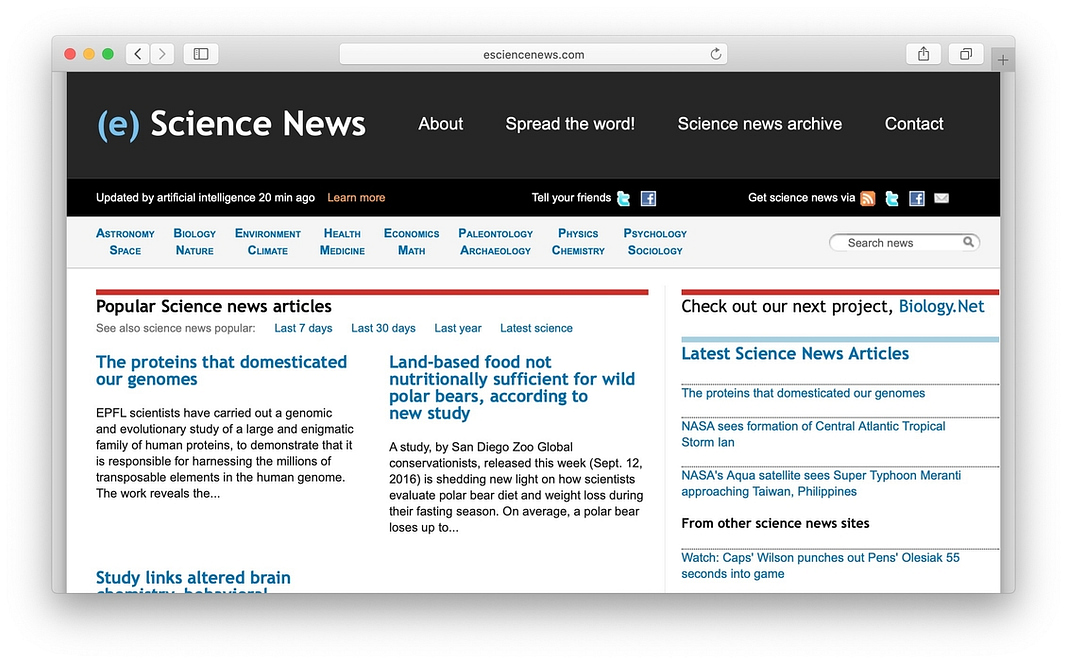 eScience News is a popular science news aggregator