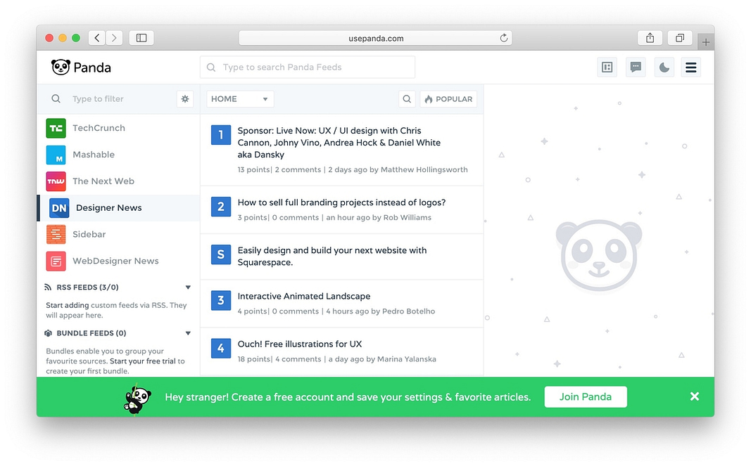 Panda is the best content aggregator service for designers, developers, and entrepreneurs