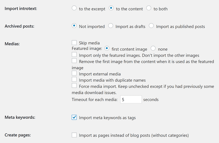 The Import content settings.