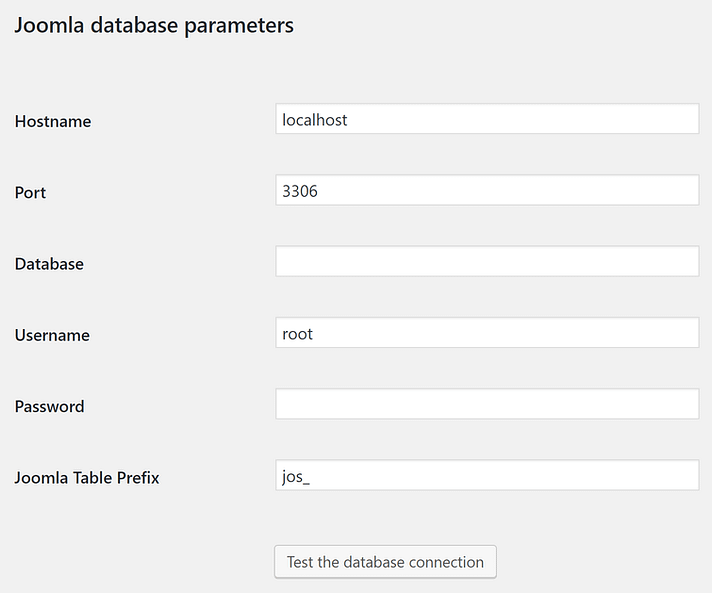 The Import database parameters settings.
