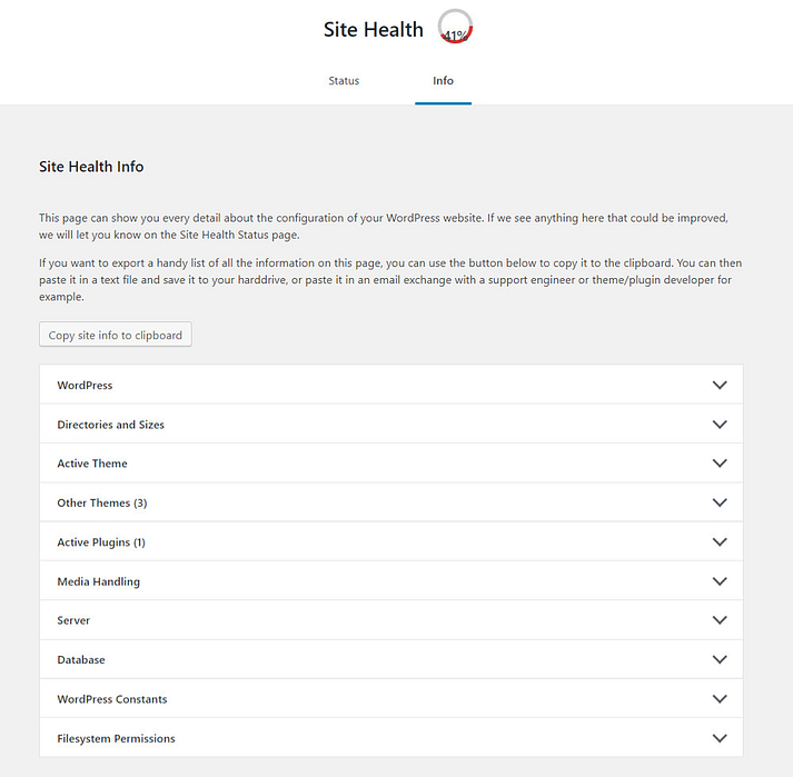 WordPress Site Health Info Page