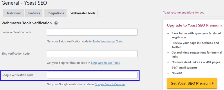 Where to enter the Google Search Console verification code with the Yoast SEO plugin. 