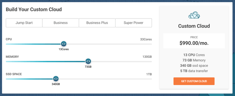 The managed cloud hosting custom plan creation screen.