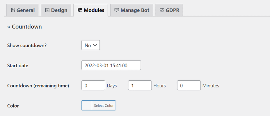 Modules tab in WordPress