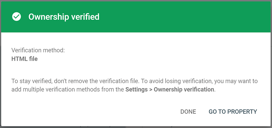 The 'ownership verified' message in Google Search Console. 