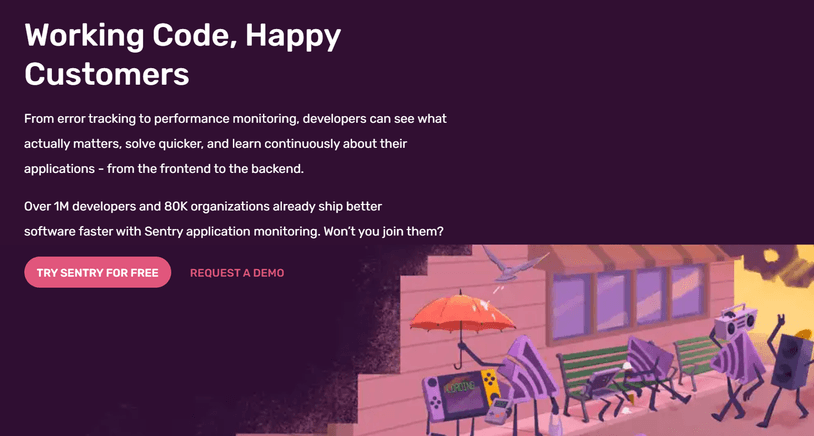 The Sentry homepage displays one of the most effective call to action examples.