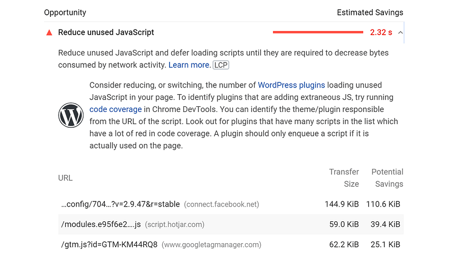Using PageSpeed Insights to identify unused JavaScript