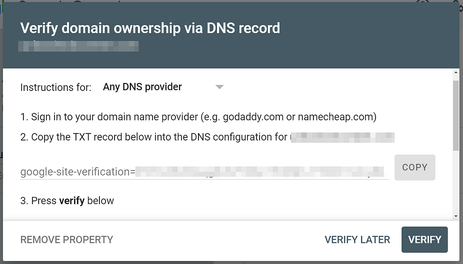 How to verify your WordPress site with Google Search Console with a DNS TXT record.