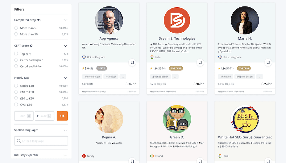 The PeoplePerHour profile list.