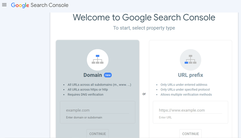 The welcome interface for Google Search Console. 