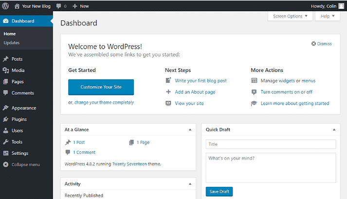 La tua dashboard WordPress su un blog WordPress gratuito