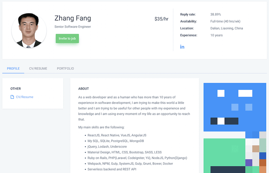 A profile from Hubstaff Talent, showing the depth of the candidate and their rate per hour.