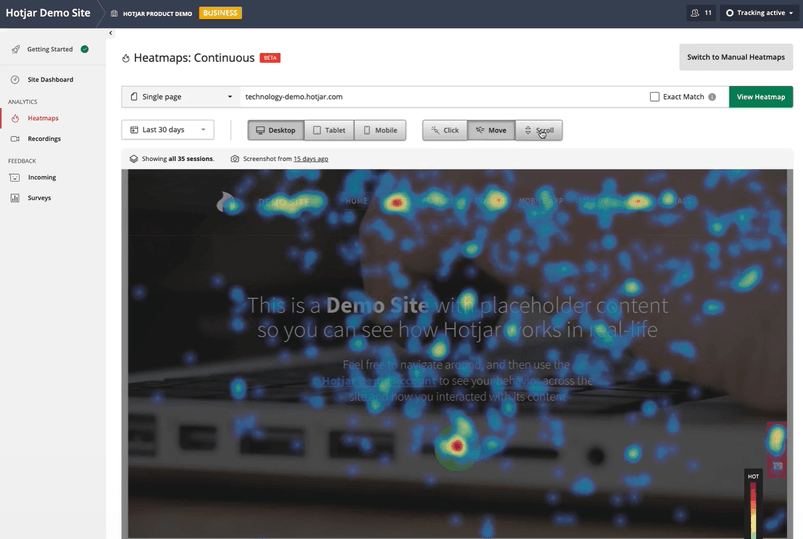 An example of a Hotjar heat map, which you can use to track visitor metrics and improve user experience.