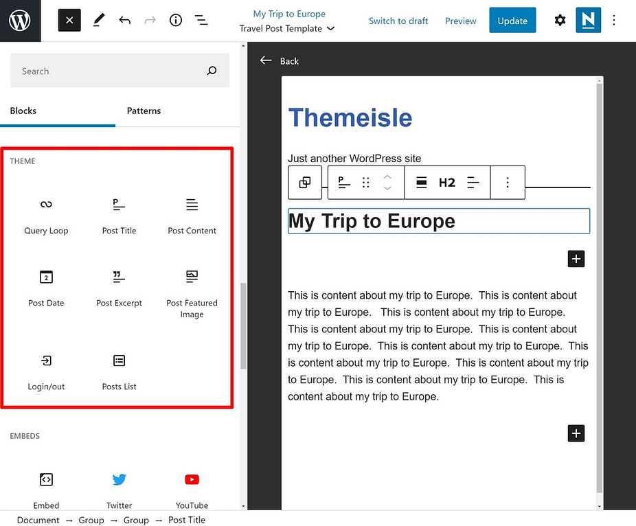 Using WordPress Full Site Editing to design post templates