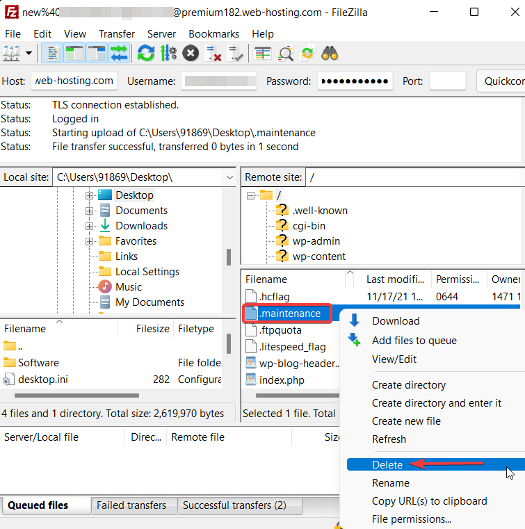 maintenance file in filezilla