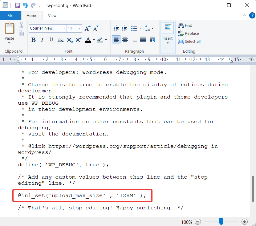 editing wp-config file - upload_max_filesize directive in PHP.ini
