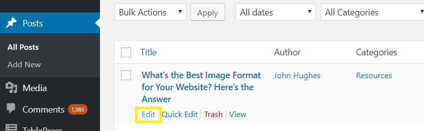 The Edit feature on the WordPress Posts page