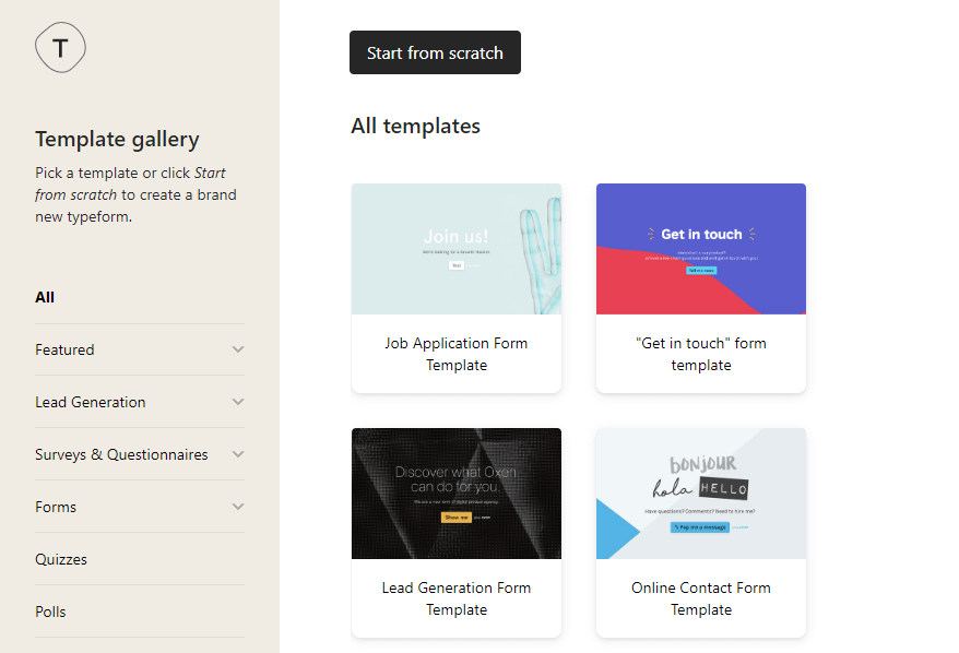 Selecting a template for your Typeform form.