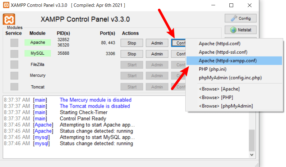 Open httpd.conf file in XAMPP