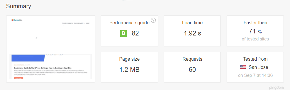 Pingdom WordPress speed test results