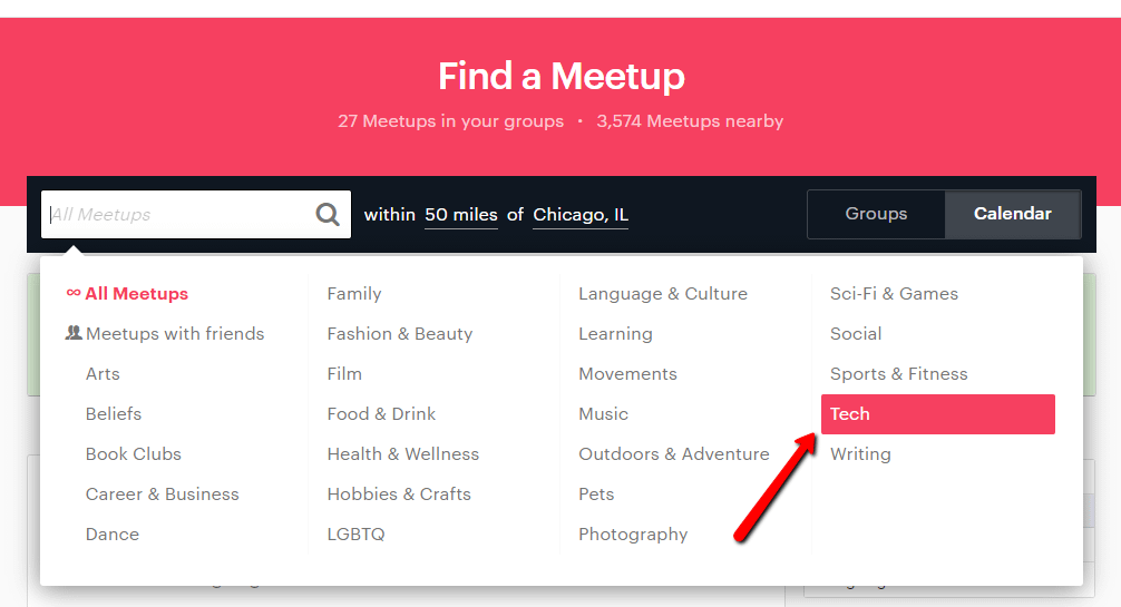 searching the tech category on meetup