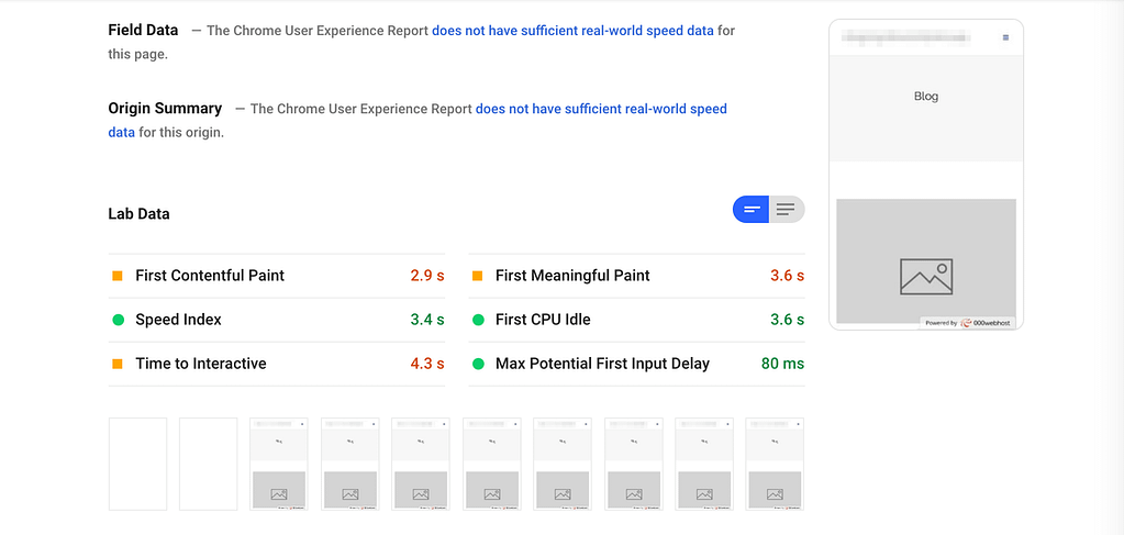 PageSpeed Insights results for a site hosted with 000webhost.