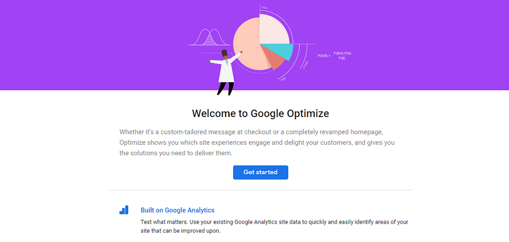The Google Optimize homepage