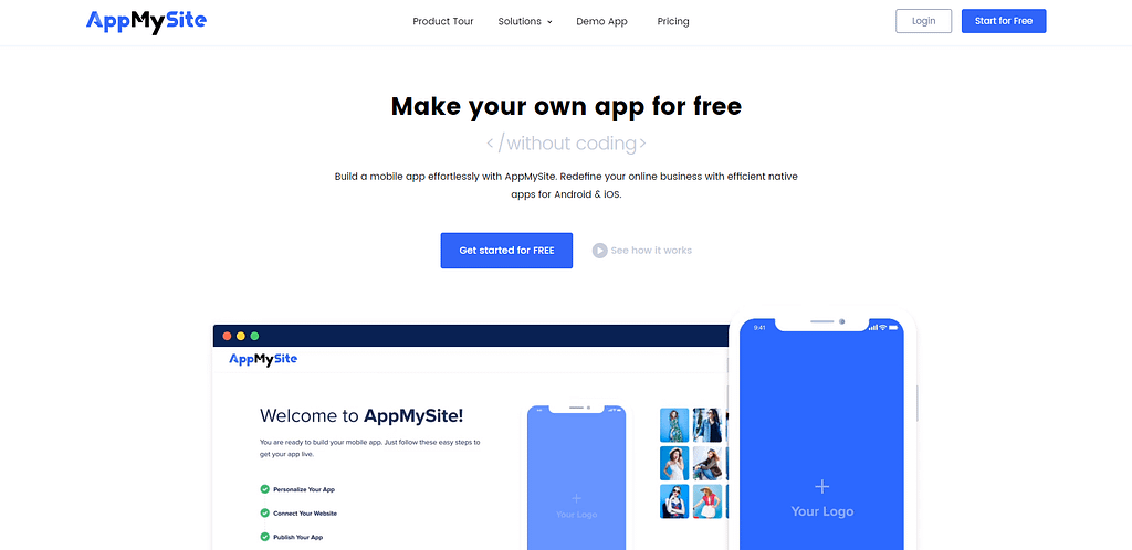 The AppMySite homepage of its WooCommerce app builder