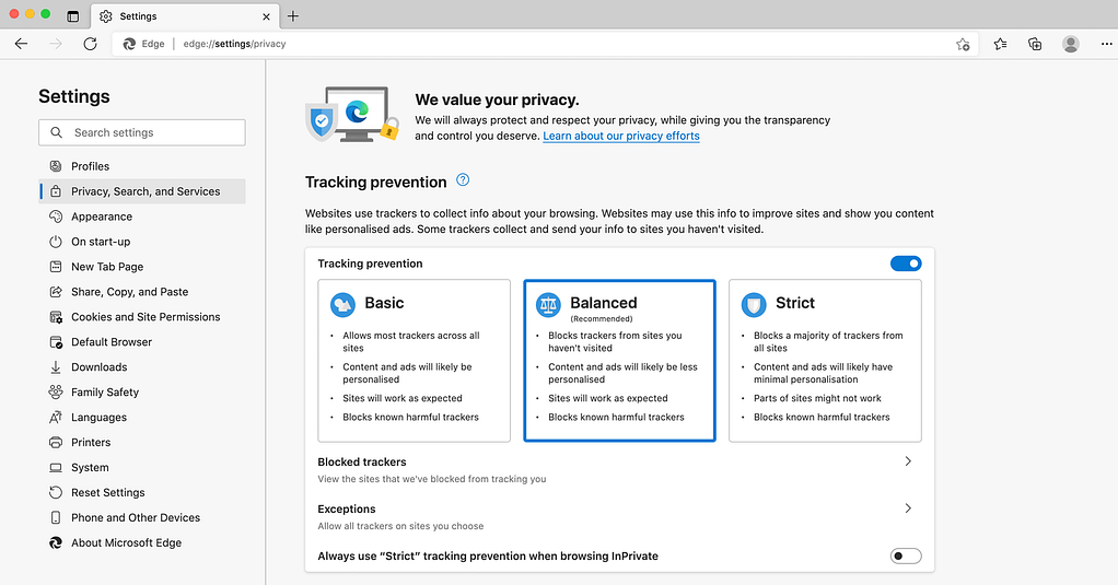 Microsoft Edge's Settings tab. 