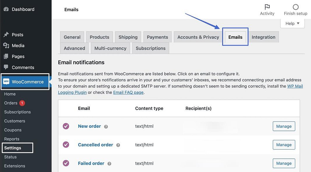 tab email để tùy chỉnh email WooCommerce