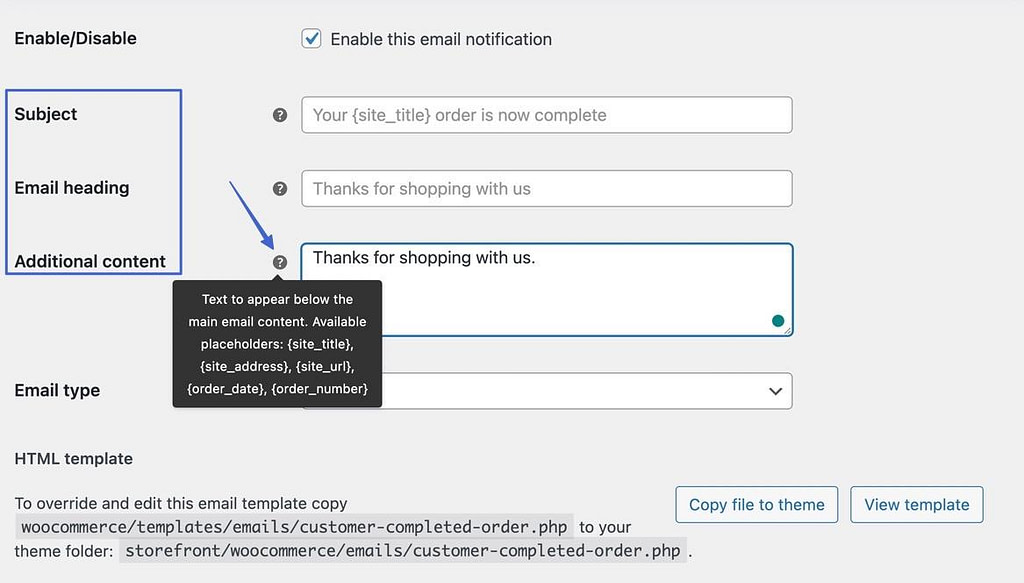 tiêu đề chủ đề và nội dung để tùy chỉnh email WooCommerce