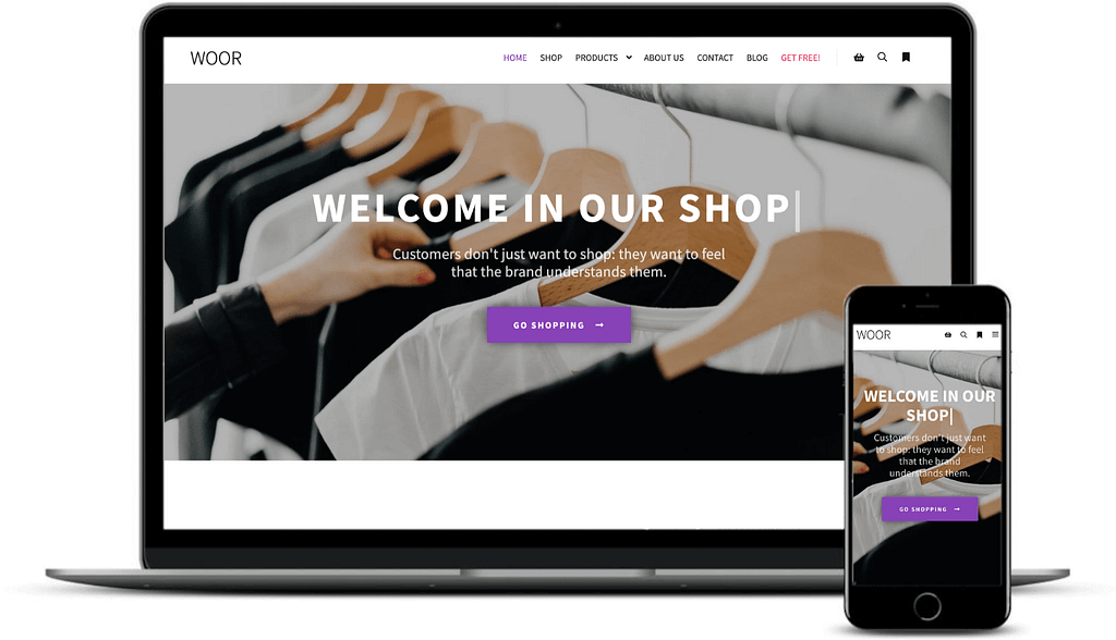 The Rife Free WooCommerce demo on desktop and mobile.