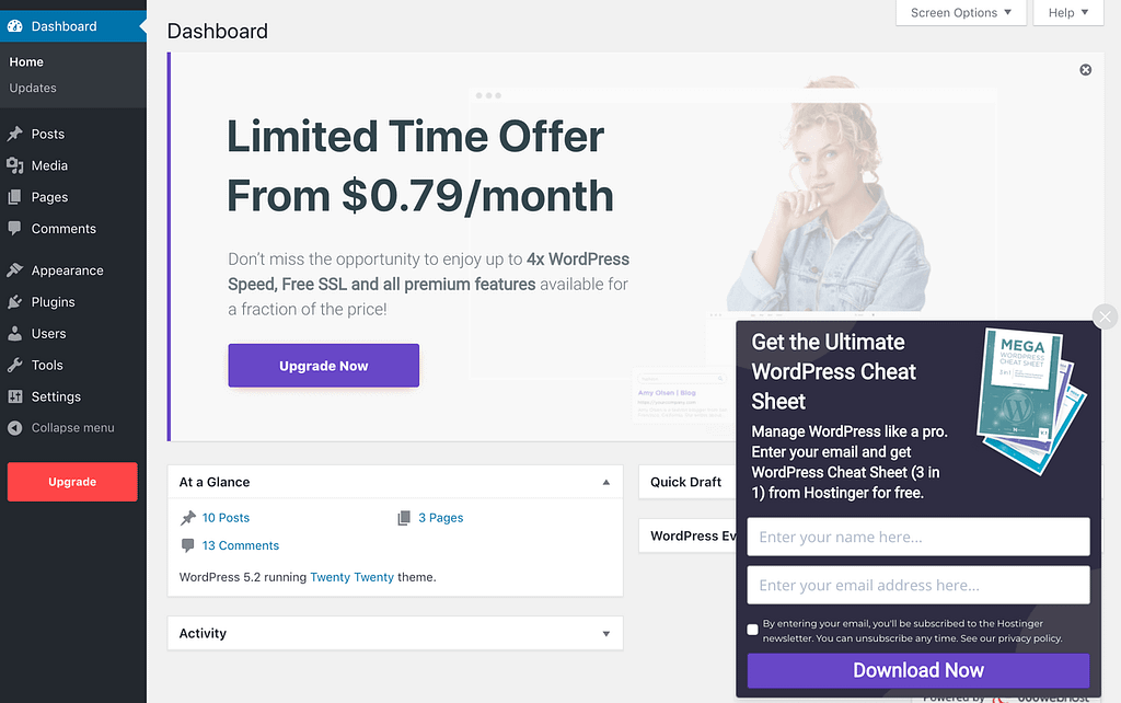 The back end of a WordPress site hosted with 000webhost.