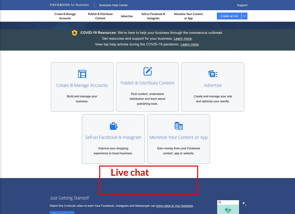 Where Facebook Ads live chat should appear