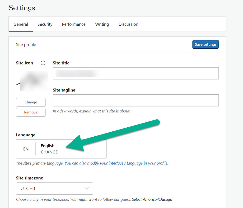 change from english WordPress language