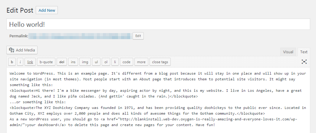 The Text view in the WordPress editor.