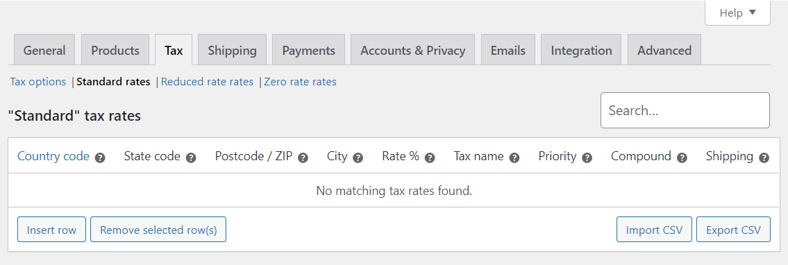 Setting up standard tax rates in WooCommerce.