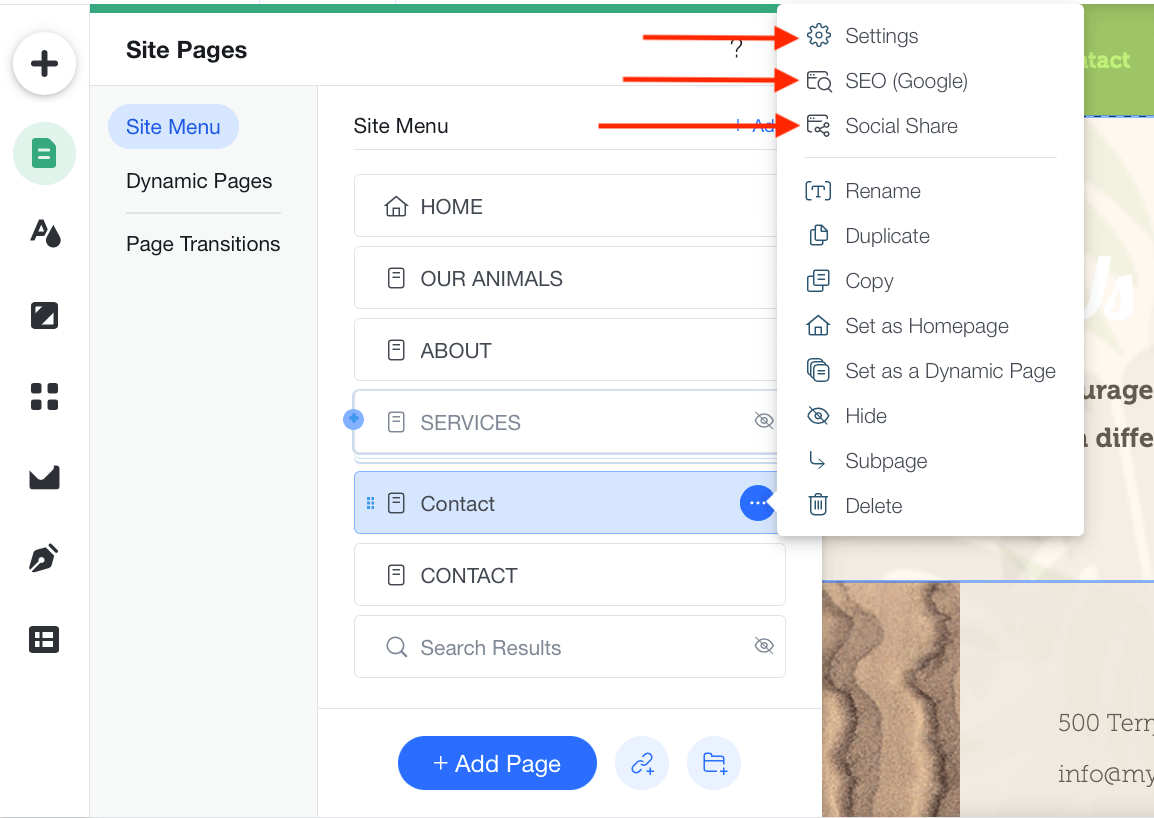 The Wix page management options