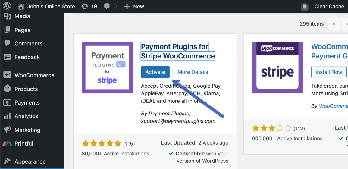 kích hoạt plugin WooCommerce Stripe 