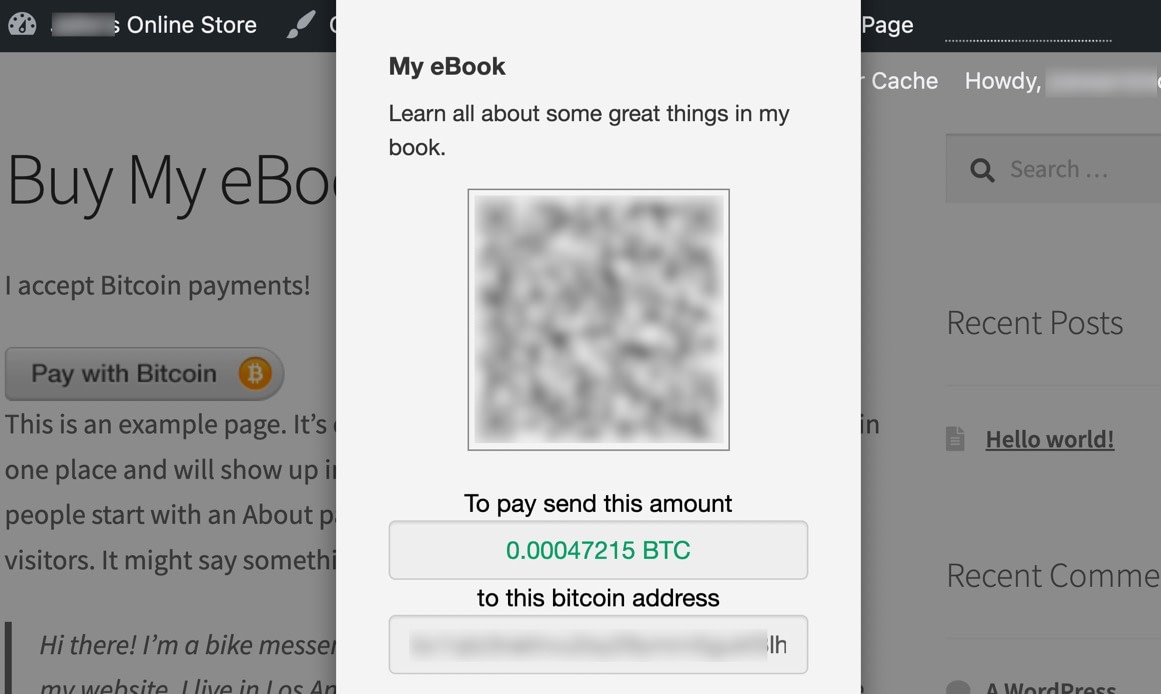 the store now shows a bitcoin address and QR code