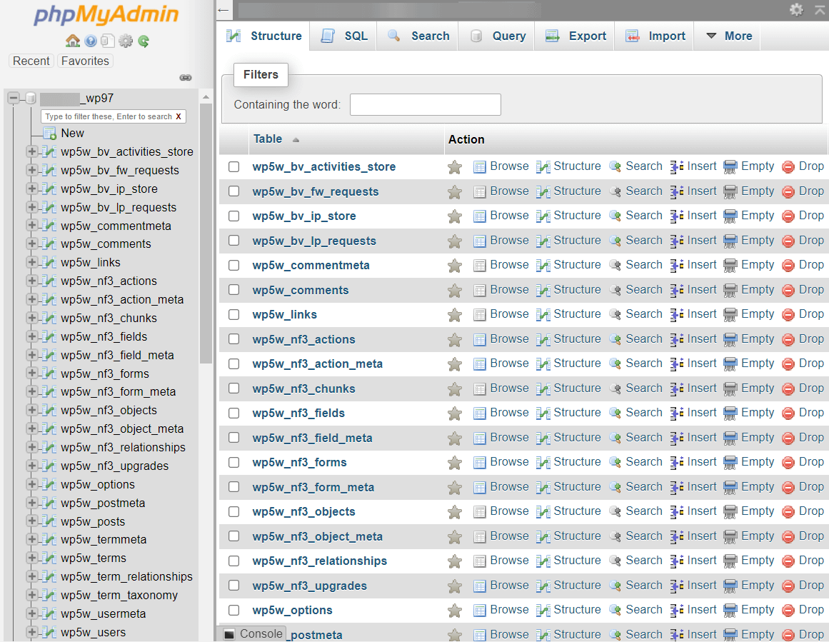 database tables in phpmyadmin