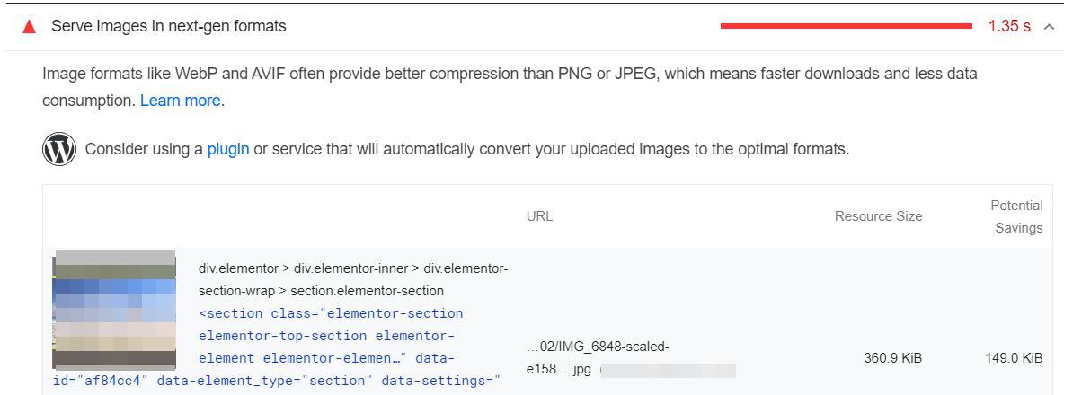 Các đề xuất của PageSpeed Insights để tối ưu hóa hình ảnh khi tìm hiểu xem trang web của tôi nhanh như thế nào