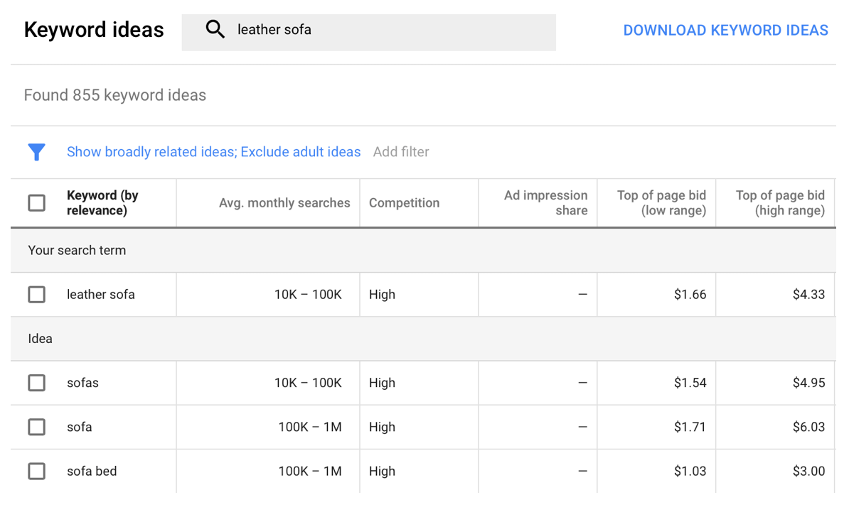 The Google Keyword Planner search page.