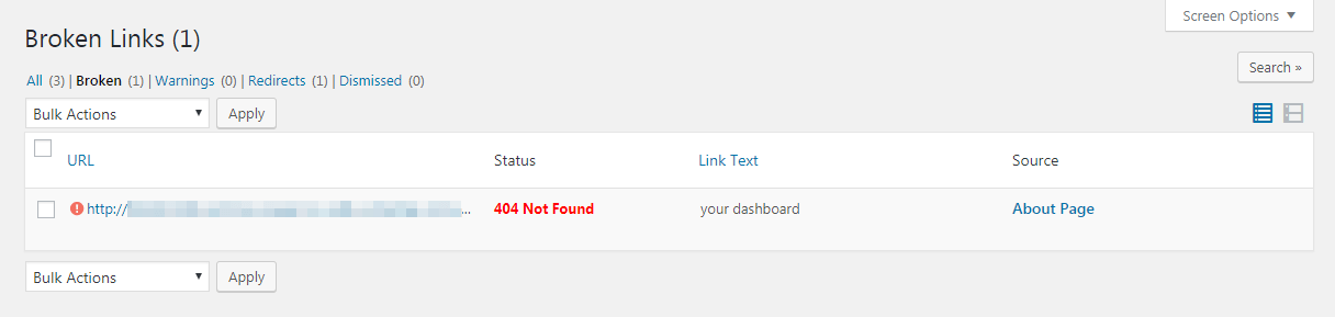 A broken link displayed in the dashboard.