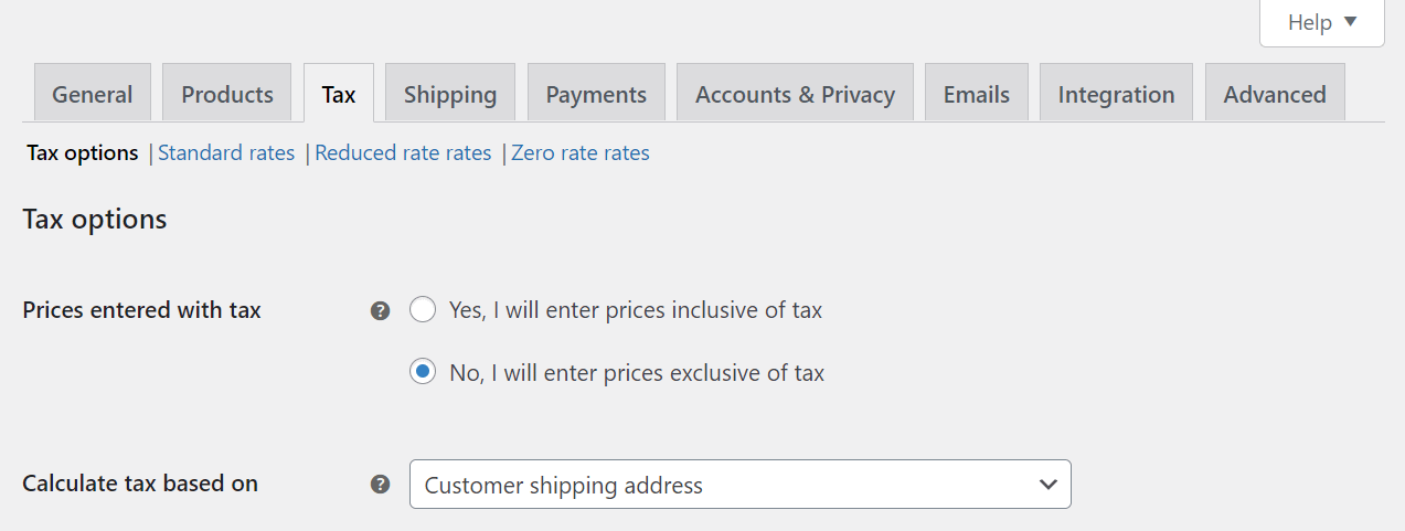 Accessing the tax options in WooCommerce