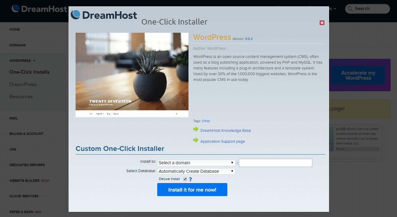 Một ví dụ về một cú nhấp chuột WordPress tùy chọn cài đặt.