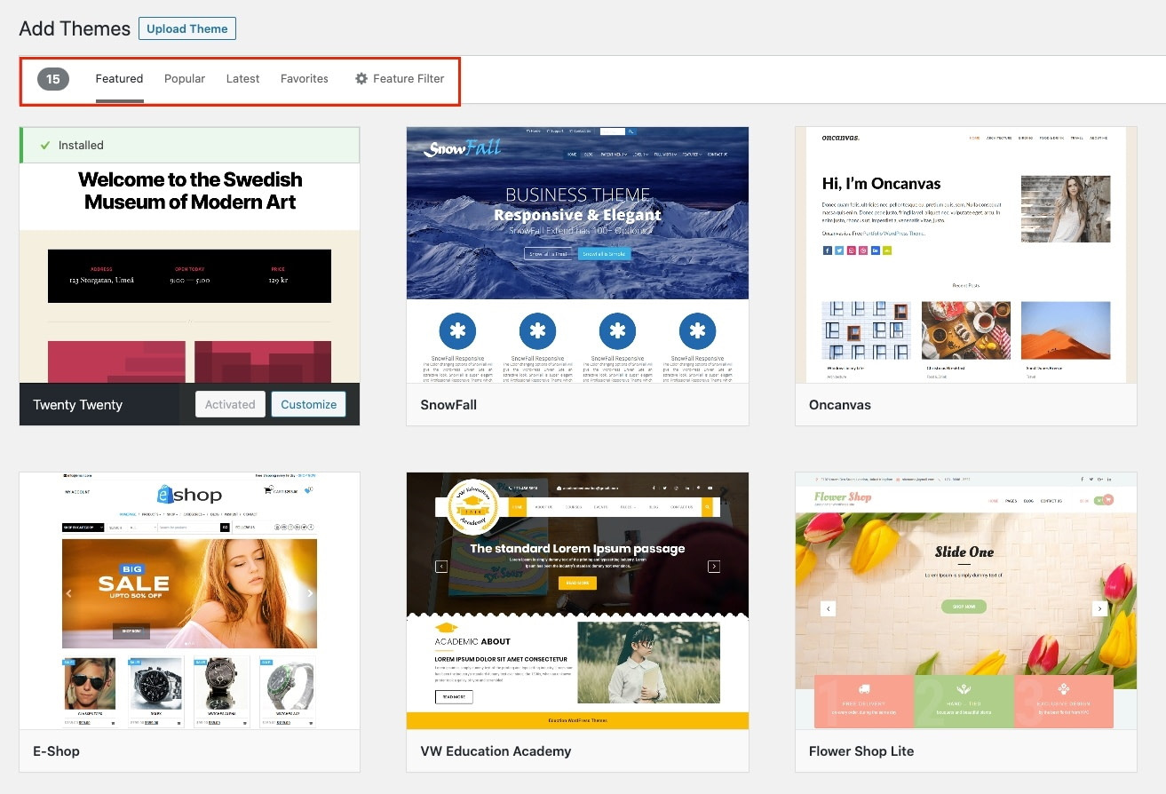 Using the dashboard filters to find WordPress themes