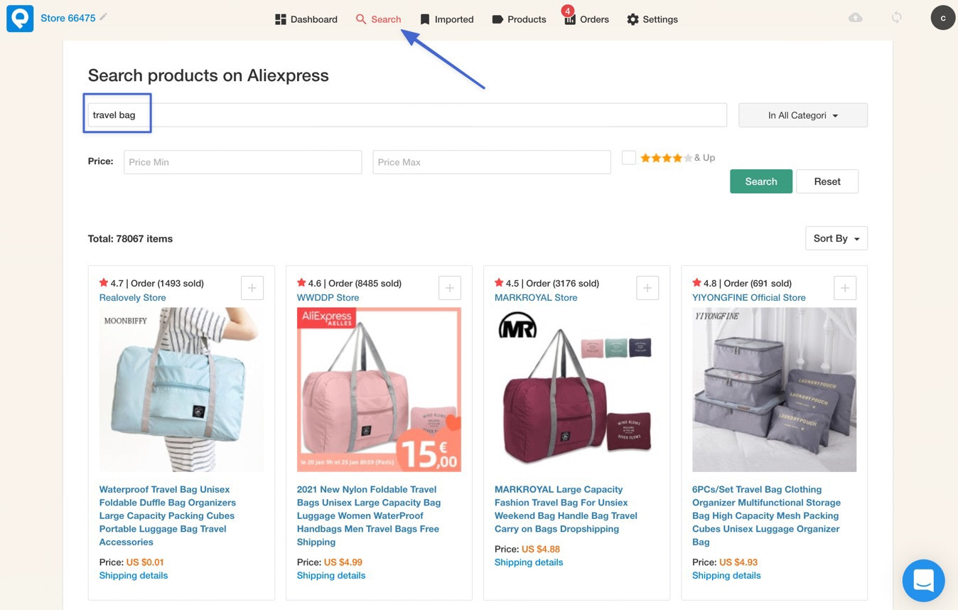 search products in ezusy to dropship with WordPress