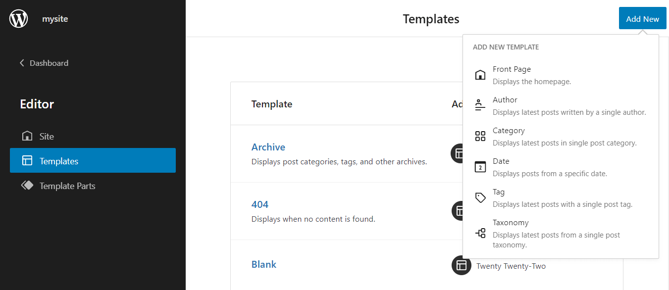 WordPress template types. 